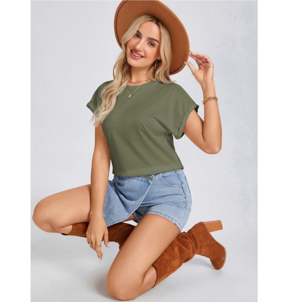 Army Green Crew Neck Muscle Tee Top Shirt Cap Sleeve, Round Neck - Picture 2 of 12